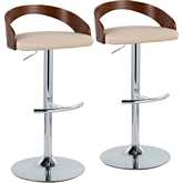 Grotto Adjustable Swivel Bar Stool in Chrome, Walnut Wood & Cream Leatherette (Set of 2)